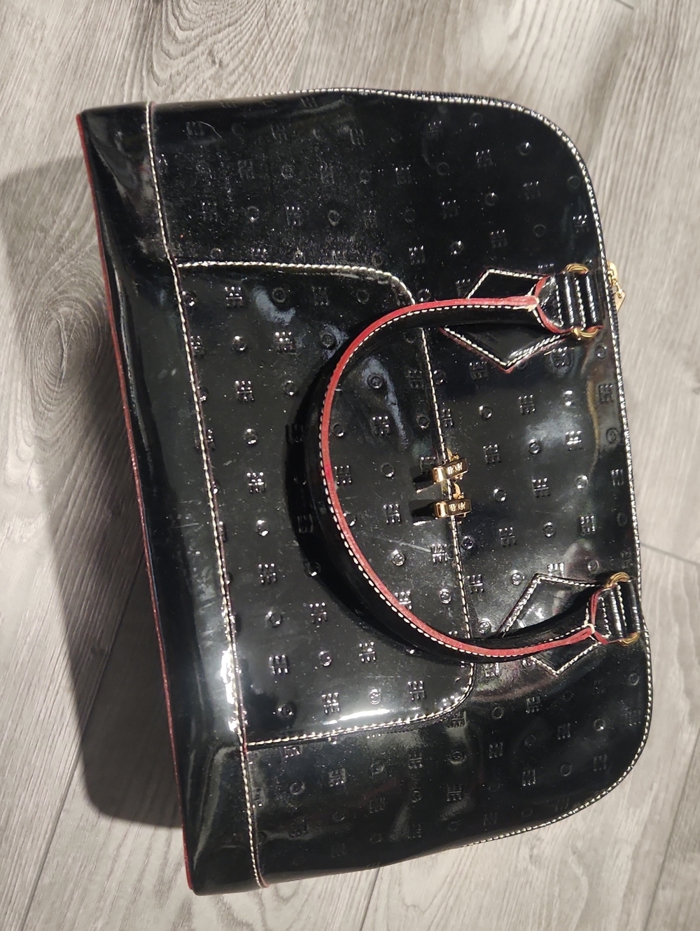 Patent Italian-made Black  Handbag with Red Trim & Gold Hardware